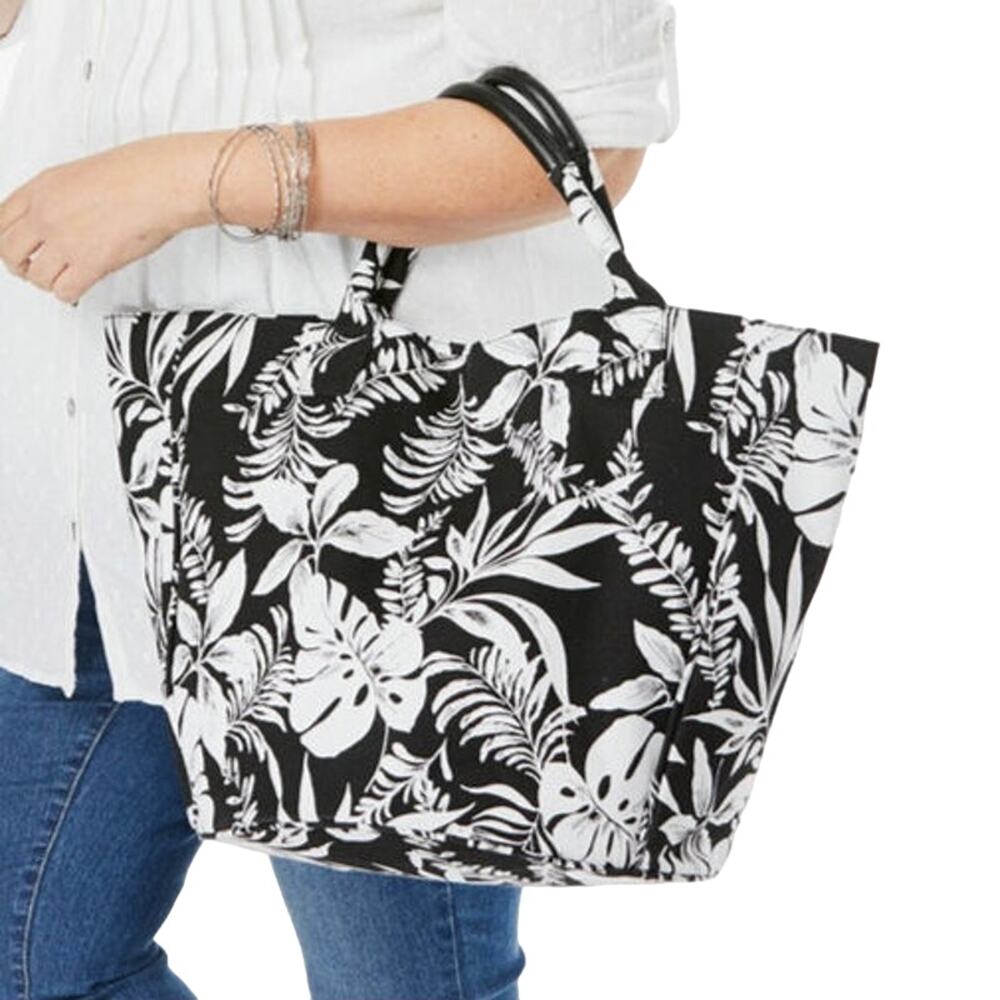 Woman Within Black and White Island Leaves Print Round Bottom Tote Bag NWT